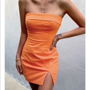 Orange strapless mini dress